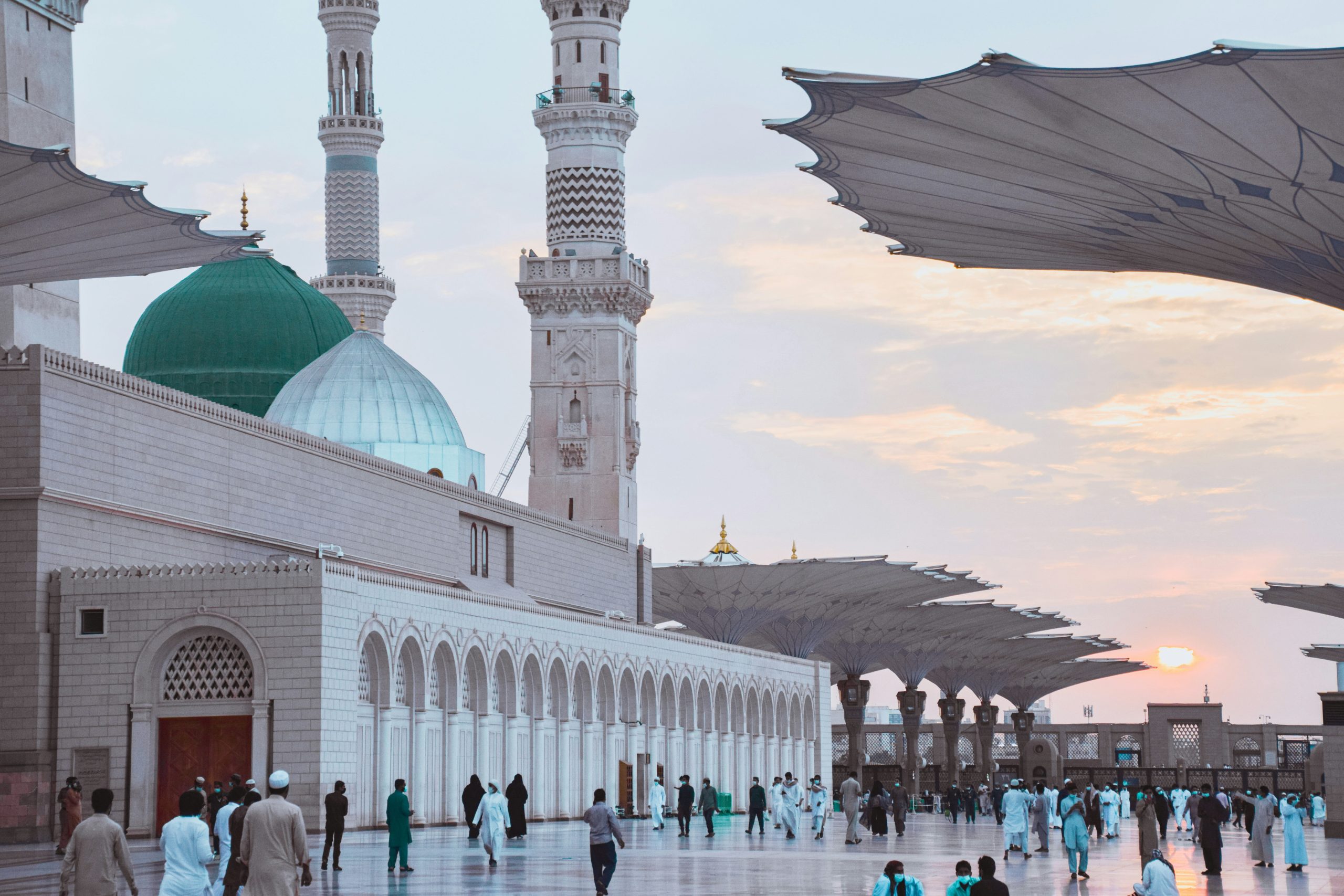 Masjid Nabawi mosque with the green dome in Madinah visited by pilgrims