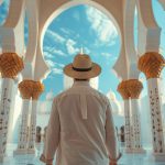 Beautiful mosque interior with white arches and golden decorated columns