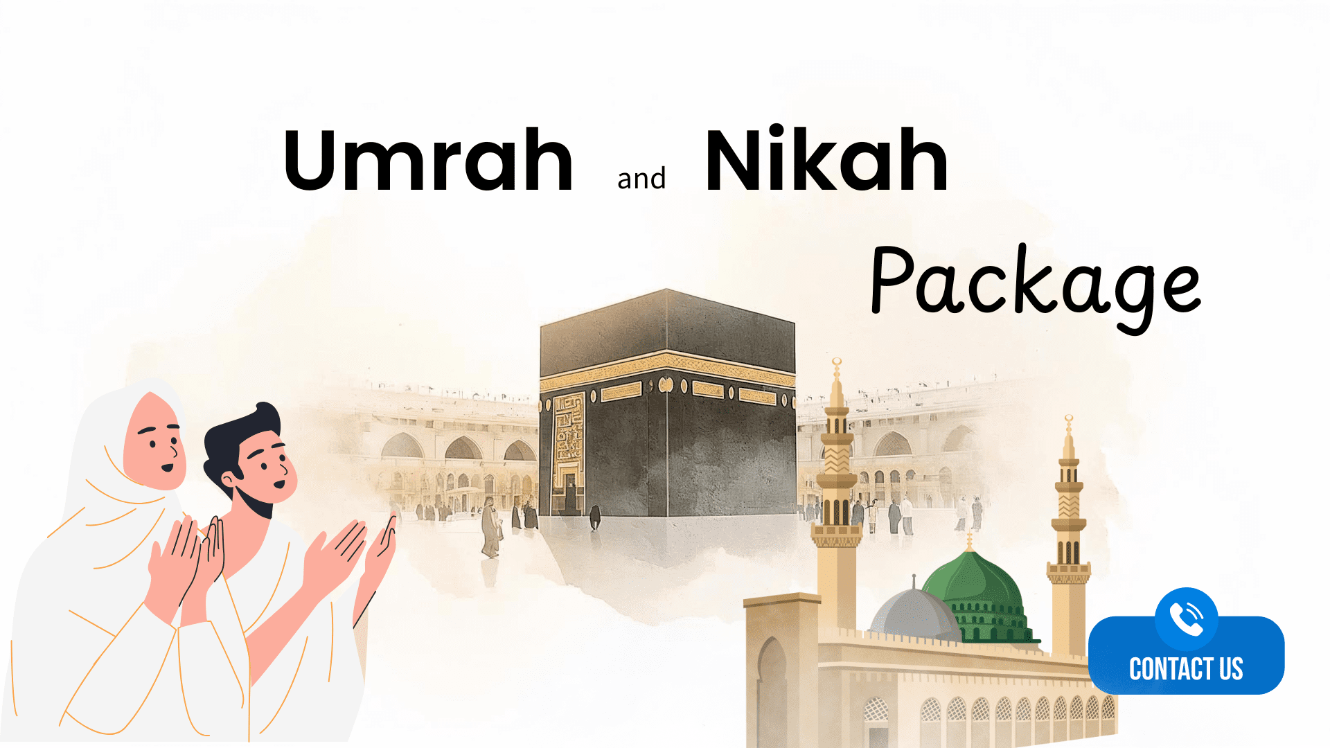 Umrah and Nikah package illustration with Kaaba and Madinah mosque for spiritual travel services
