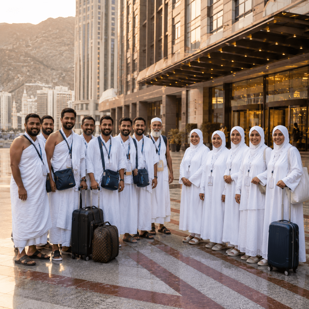 Group of Indian Umrah pilgrims travelling with Al Muzammil Haj Umrah Group