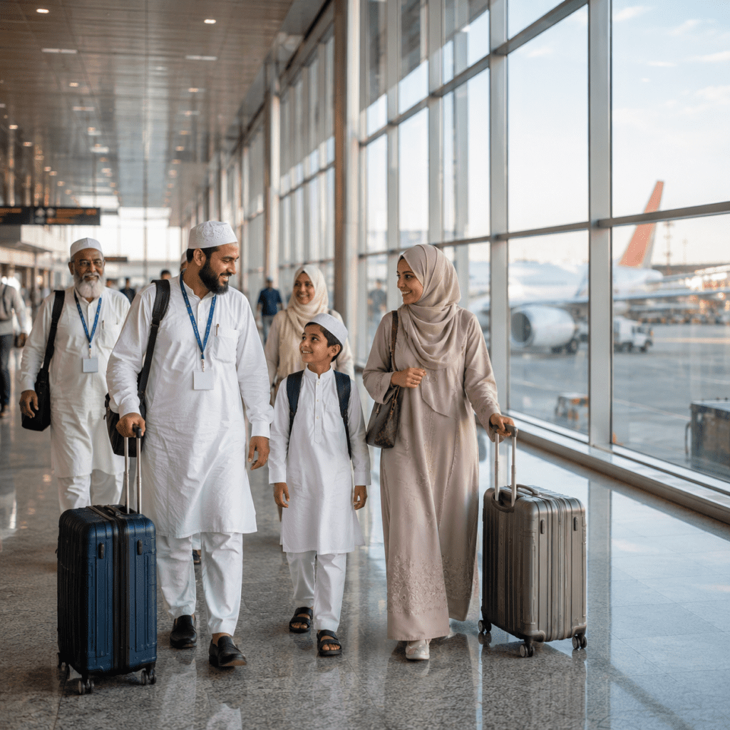 Travellers departing from airport for Umrah and international tours