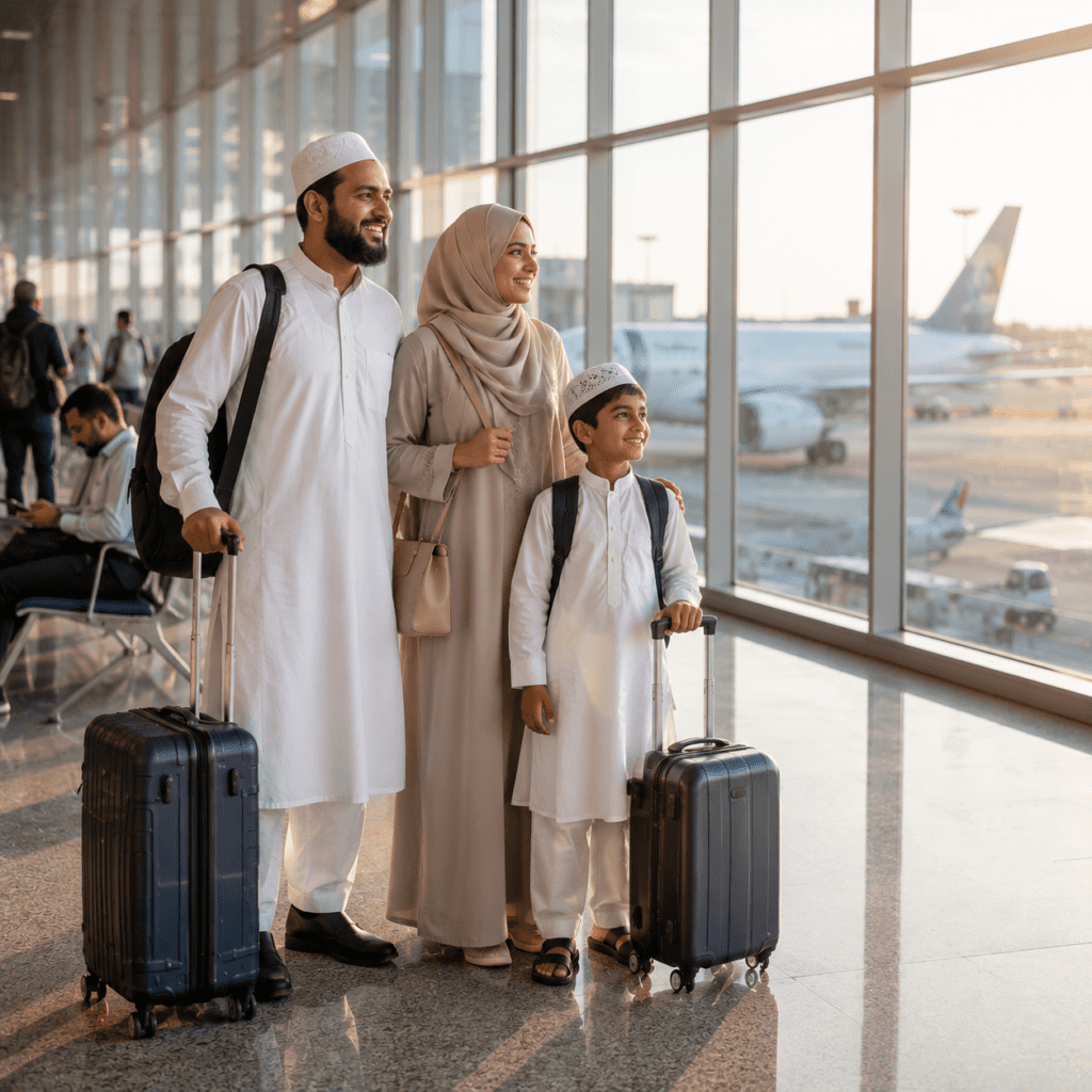 Indian Muslim family travelling with luggage for Umrah and holiday tours