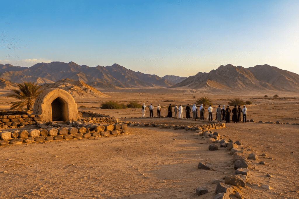 Pilgrims visiting the historic Badr Battlefield during the Umrah Ziyarat tour