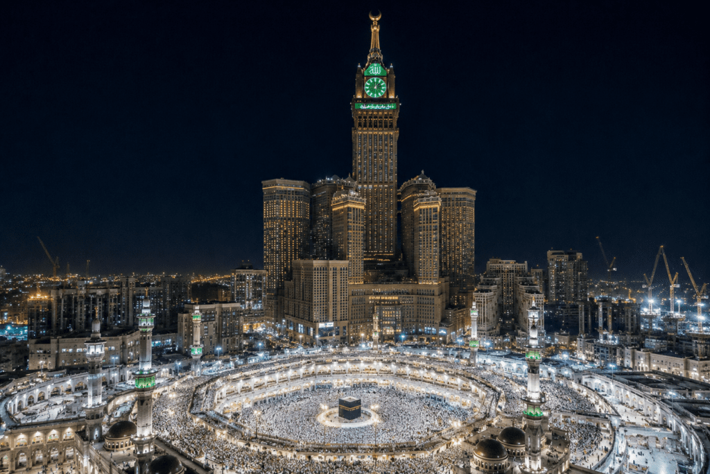 Masjid Al Haram at Night View creating an inspiring backdrop for spiritual travel and Umrah journeys and Clock tower with Al Muzammil Haj Umrah Group