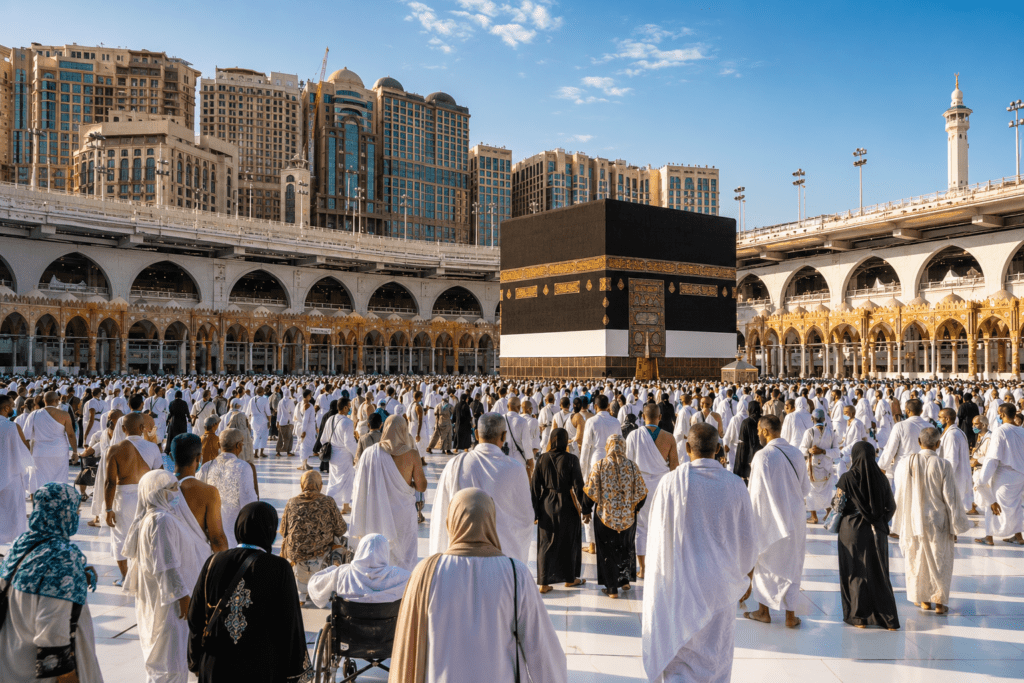 Economy Umrah package with pilgrims at Masjid al Haram in Makkah offering affordable accommodation and essential travel services