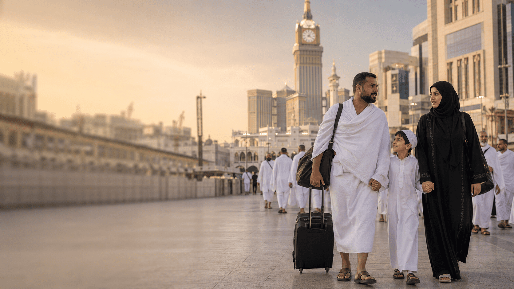 Family arriving in Makkah for an affordable Economy Umrah pilgrimage