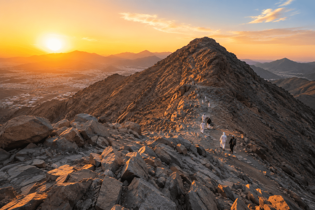 Pilgrims walking toward Jabal Thawr during a guided Ziyarat tour