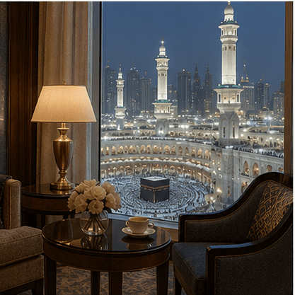 Luxury seating area with panoramic view of the Holy Kaaba