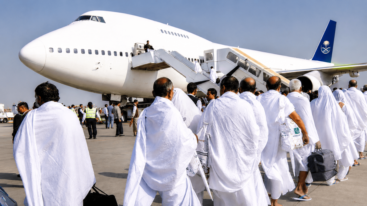 Umrah pilgrims boarding a flight for their spiritual journey to Saudi Arabia