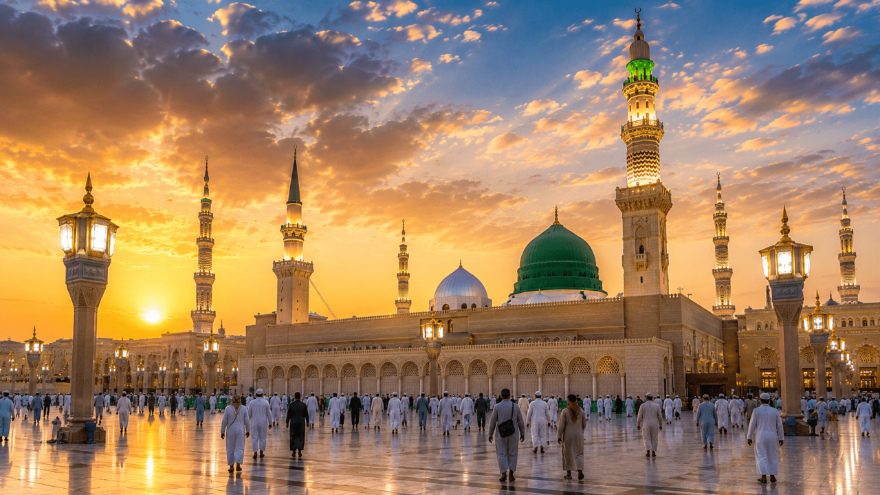 Masjid Nabawi in Madinah with the Green Dome, illuminated minarets, and pilgrims walking through the courtyard at sunset.